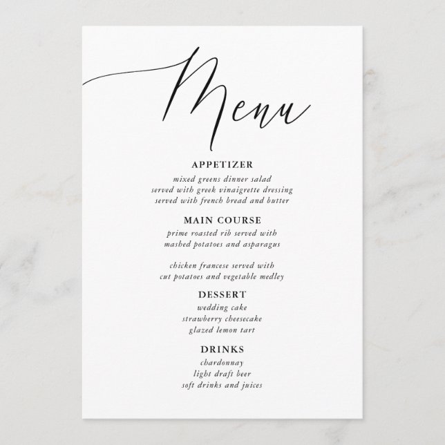 Simple caligrafía Rústica Boda Menús (Anverso)