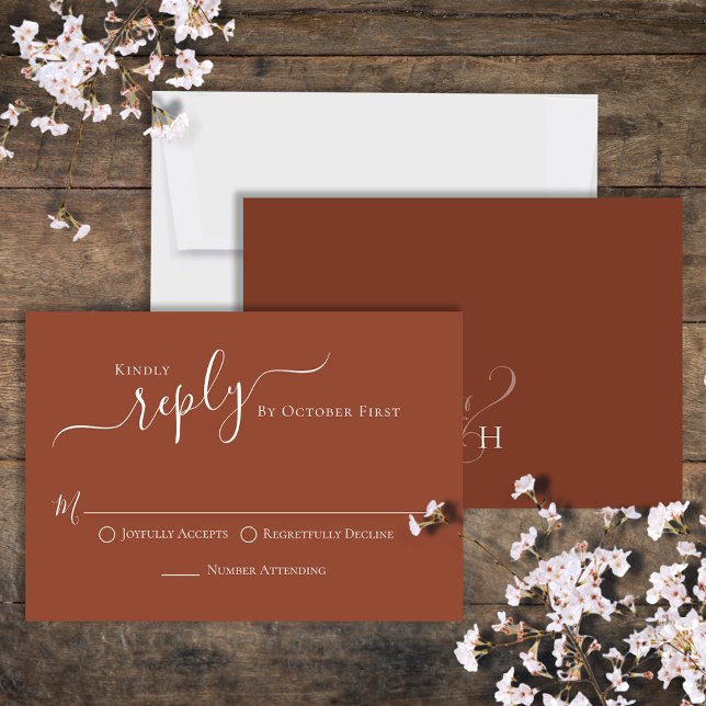 Simple caligrafía Terracotta Classic Guest RSVP (Beautiful terracotta wedding rsvp, traditional RSVP choice options on the front. )