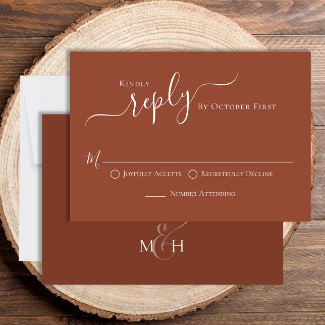 Simple caligrafía Terracotta Classic Guest RSVP (Beautiful terracotta wedding rsvp, traditional RSVP choice options on the front. )