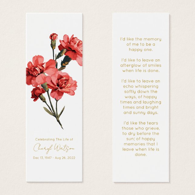 Simple Carnation Funeral Memorial Bookmark (Anverso y reverso)