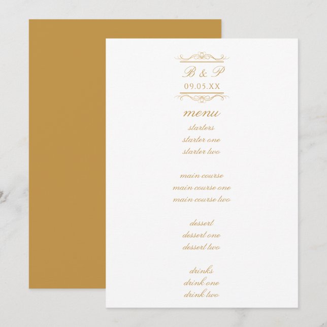Simple Elegant Gold Monogram Wedding Menu Card (Anverso / Reverso)