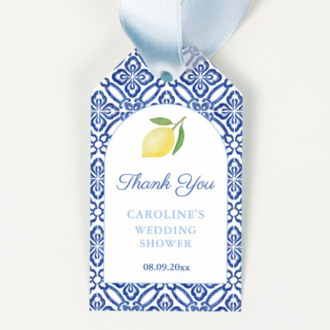 Simple Elegante Lemon Bridal Shower Party Etiqueta (Amalfi Lemons Bridal Shower Favor tags featuring modern arch and blue and white tile print detail)