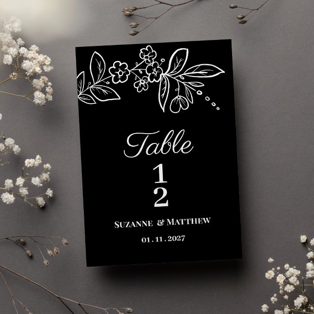 Simple elegante número de mesa floral en blanco y  (Simple elegant black white floral Table Numbers)