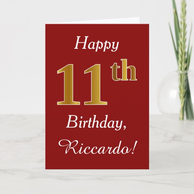 Simple Faux Gold 11th Birthday + Tarjeta de nombre (Anverso)