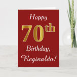 Simple Faux Gold 70th Birthday   Tarjeta de nombre<br><div class="desc">Este sencillo diseño de tarjetas de cumpleaños incluye el mensaje "Feliz cumpleaños número 70",  con el "70" en apariencia de oro falso. También cuenta con un nombre personalizado y un fondo rojo oscuro. Se podría dar a alguien que esté celebrando su septuagésimo cumpleaños.</div>