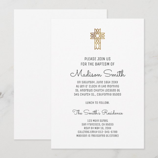 Simple Faux Gold Cross Baptism Invitación (Anverso / Reverso)