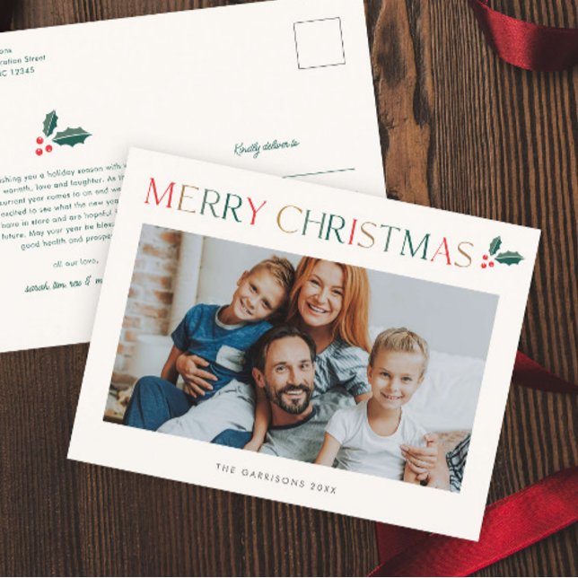 Simple Foto Navideña Colorida Feliz Navidad (Modern colorful merry christmas photo holiday postcard.)