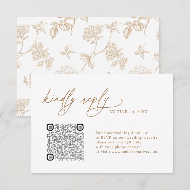 Simple Gold Floral QR code Wedding RSVP Cards (Anverso / Reverso)