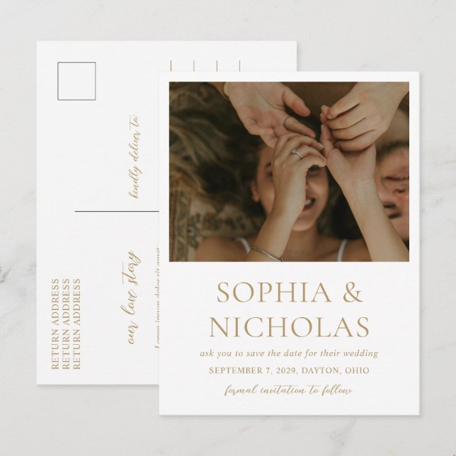 Simple Gold Modern Photo Invitación de Boda Save t (Anverso / Reverso)