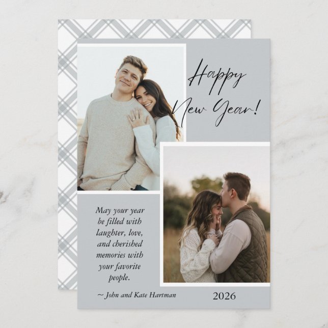 Simple Gray and White New Years Photo Collage Card (Anverso / Reverso)