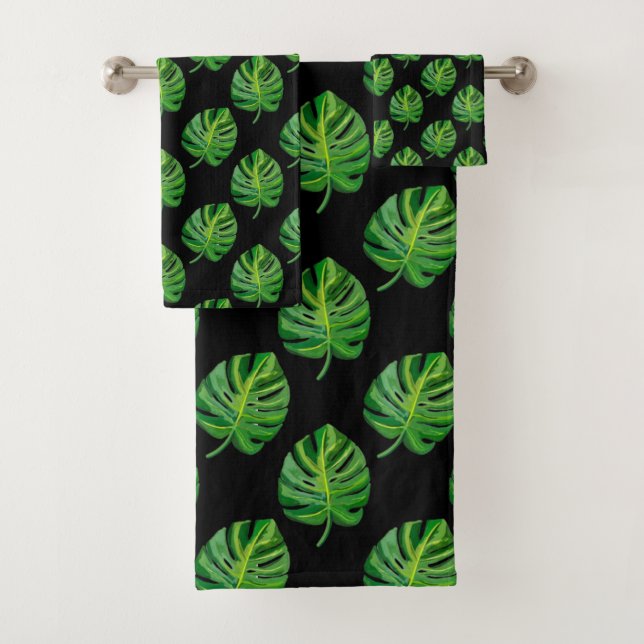 Simple Green Monstera Leaf Pattern on Black (In situ)