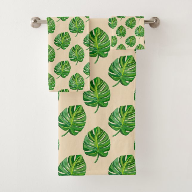 Simple Green Monstera Leaf Pattern on Light Beige (In situ)