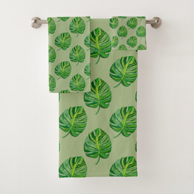 Simple Green Monstera Leaf Pattern on Sage Green (In situ)