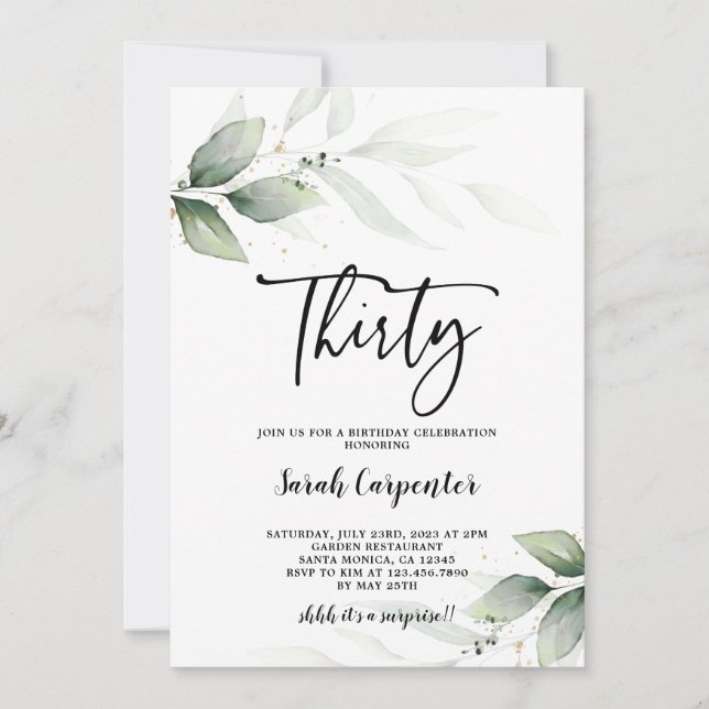 Simple Greenery 30.ª invitación por cumpleaños (Anverso)