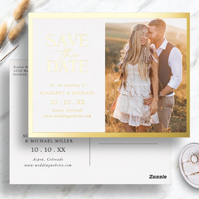Simple Guardar La Tarjeta Postal De Invitación De  (Simple Gold Border Save The Date Foil Invitation Postcard by Painted Paperie
)