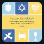 Simple Hanukkah Icons Pegatina<br><div class="desc">Este pegatina utiliza los íconos de Hanukkah para transmitir sus mejores deseos. Los brillantes colores azul y oro rodean los iconos de una copa dreidel, menorah y kiddush, entre otros, para enmarcar tu mensaje. Ideal como sellos para sobres o para quedarse en paquetes vacacionales o regalos. Disponible en colores alternativos...</div>