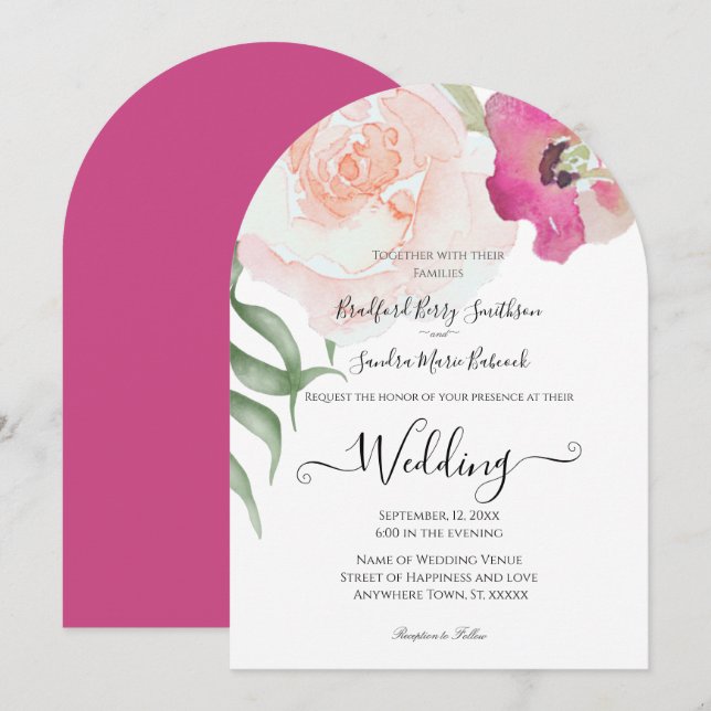 Simple invitación a la boda floral Rubor rosada Fu (Anverso / Reverso)