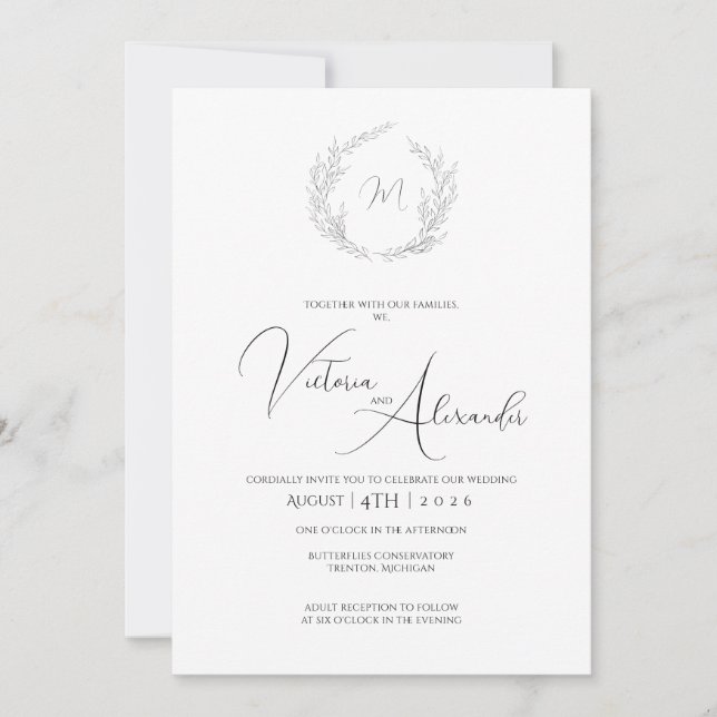 Simple invitación a matrimonio con monograma de la (Anverso)