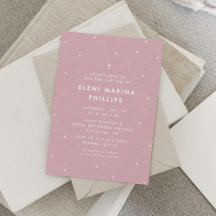Simple invitación al bautismo rosa con puntos blan