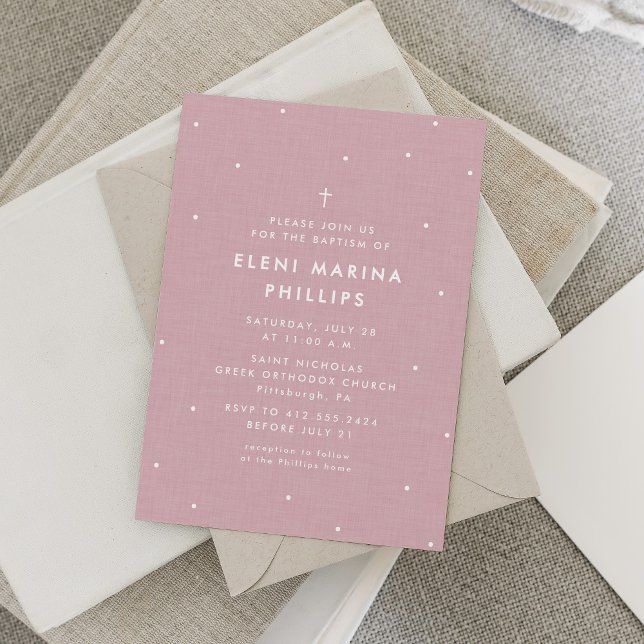 Simple invitación al bautismo rosa con puntos blan (Subido por el creador)