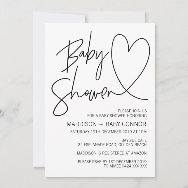 Simple invitación Baby Shower en blanco y negro (Anverso)