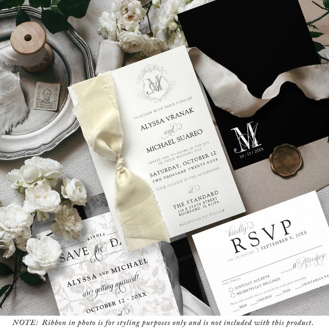Simple Invitación de Boda con Cinta de Cresta Vint (Modern vintage flowers monogram logo wedding invitation suite, black & white theme, just add ribbon)