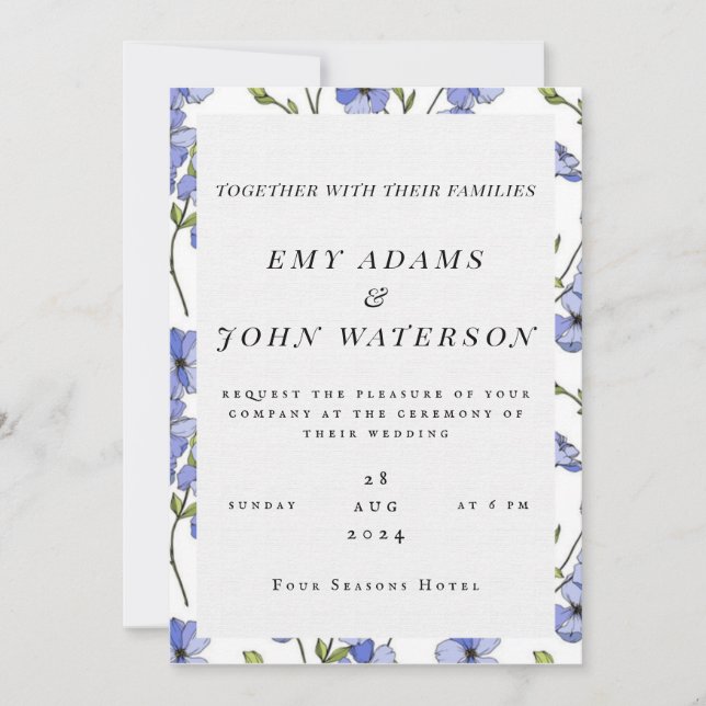 simple invitación de boda florida azul y púrpura (Anverso)