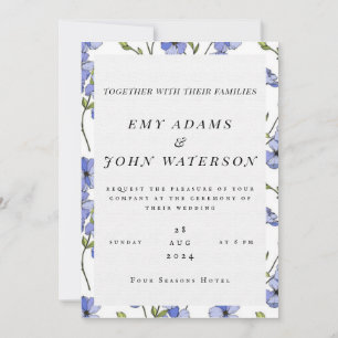 simple invitación de boda florida azul y púrpura