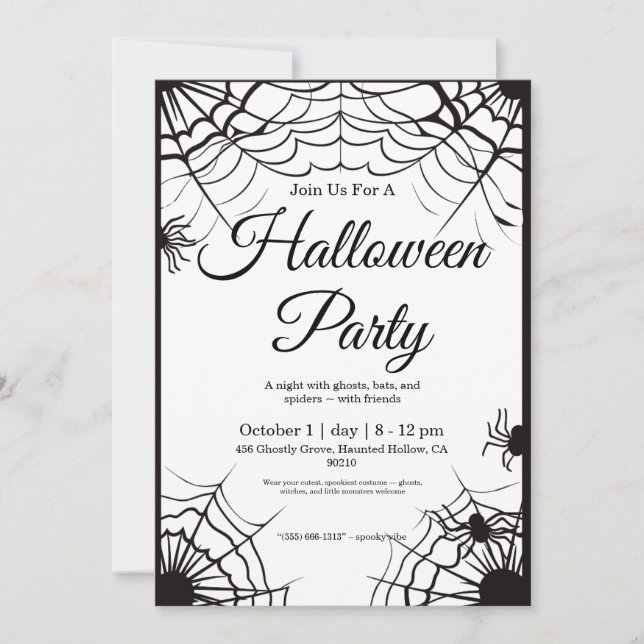 Simple Invitación De Halloween En Blanco Y Negro (Anverso)