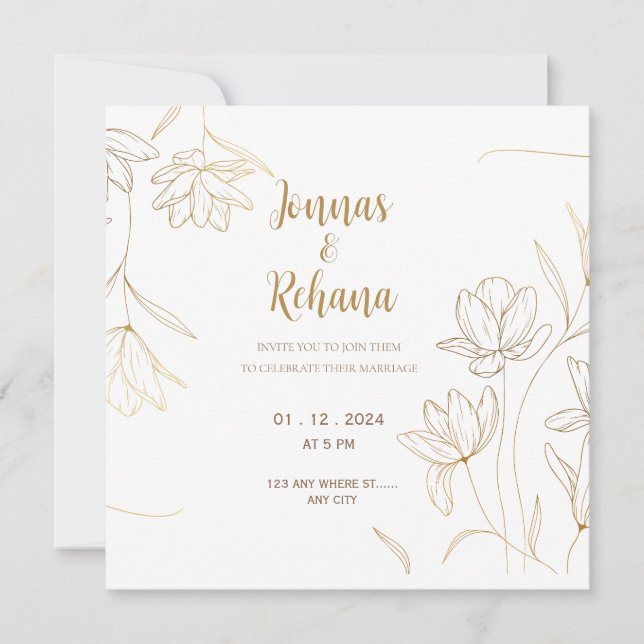 simple invitación de tarjeta boda de lujo, floral  (Anverso)