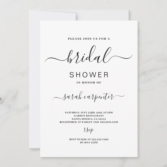 Simple invitación minimalista a la ducha nupcial (Anverso)