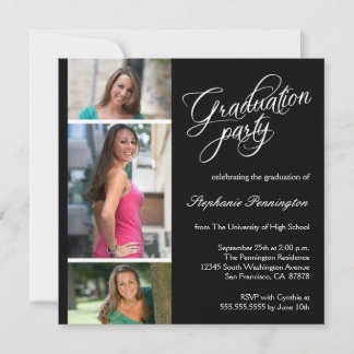 Simple invitación negra de 3 fotos para la graduac