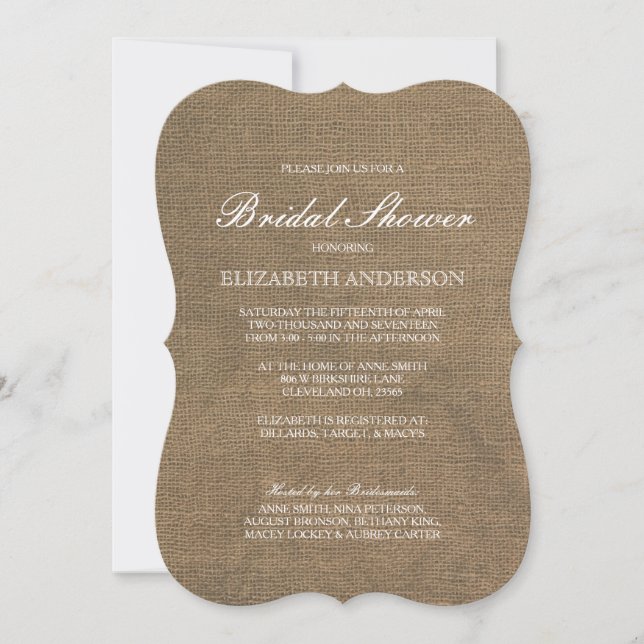 Simple invitación Rustic Burlap Bridal Shower (Anverso)