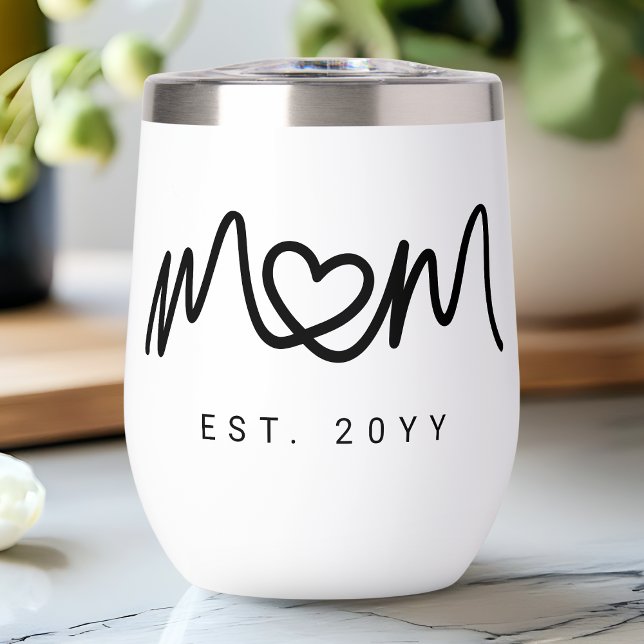 Simple Letra Negra Corazón Madre Mamá Establecida (Simple Black Script Heart Mother Mom Established Thermal Wine Tumbler)