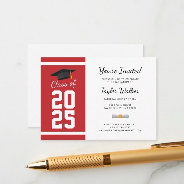 Simple Mini Graduación Invitación de Partido Rojo  (Anverso/Reverso In Situ)
