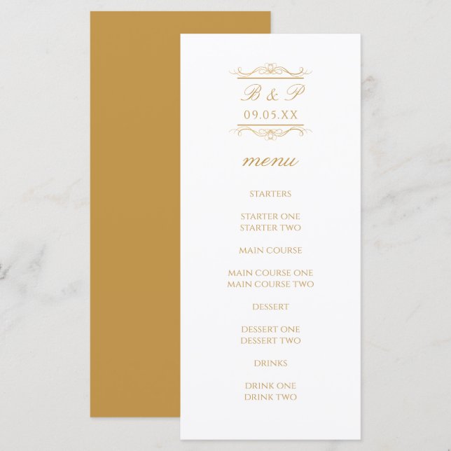 Simple Modern Gold Monogram Wedding Menu Card (Anverso / Reverso)