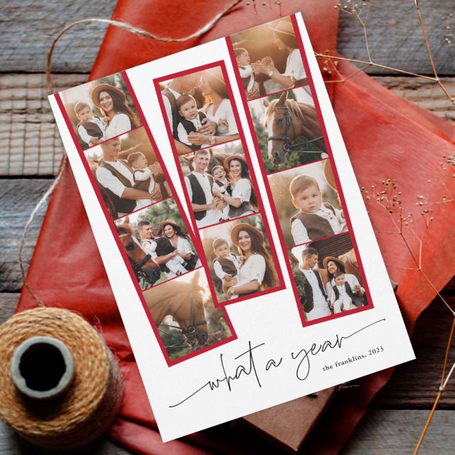 Simple Modern Qué año Collage de fotos Navidad (A modern script what a year photo collage christmas holiday card.)