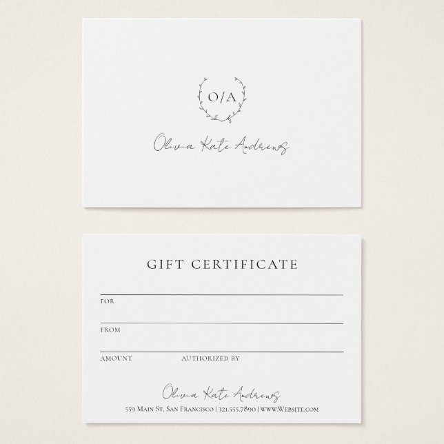 Simple Monograma Wreath Elegant Gift Certificado (Anverso y reverso)