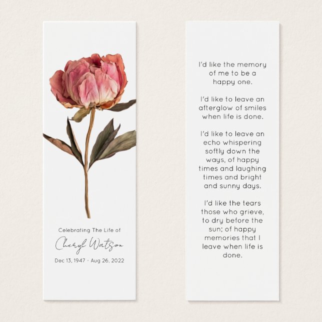 Simple Peony Funeral Memorial Bookmark (Anverso y reverso)