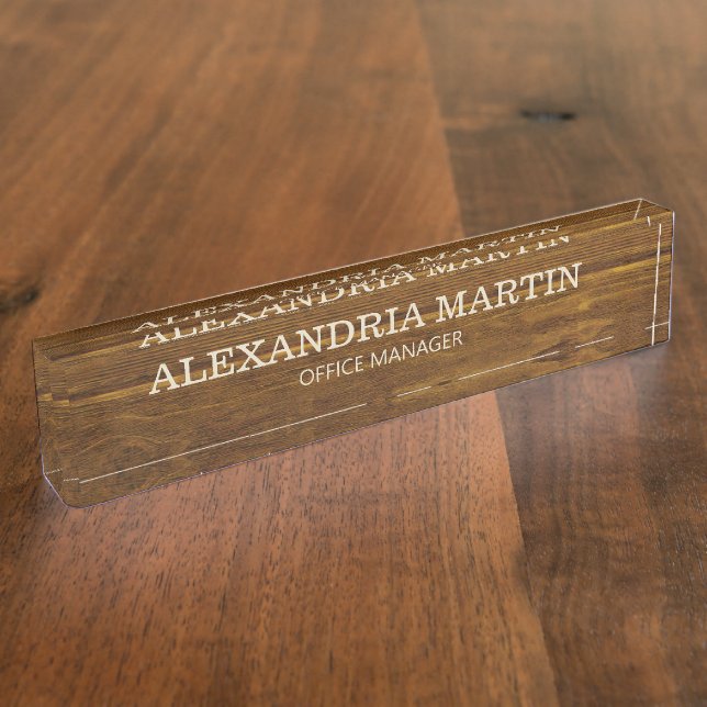 Simple placa de nombre de madera marrón básica  (Lateral)