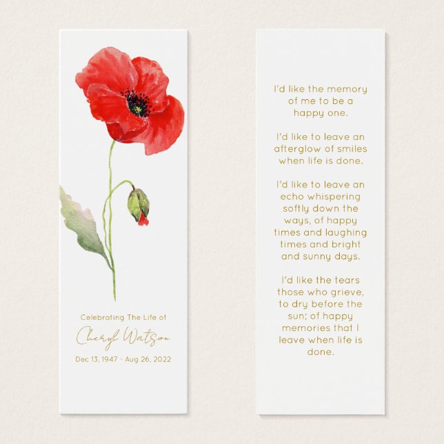 Simple Poppy Funeral Memorial Bookmark (Anverso y reverso)