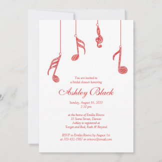 Simple Red Music Notes Bridal Shower Invitación