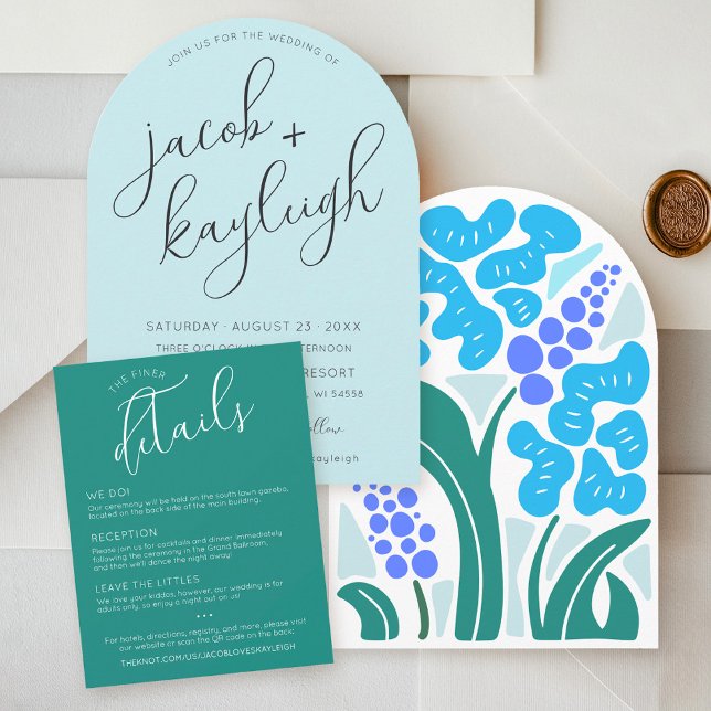 Simple Retro Floral GREEN Boda Detalles QR Tarjeta (Simple jade green script formal QR code wedding details card sky blue retro boho floral arch invite)