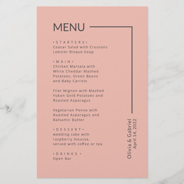 Simple Rosa frío Typografía menú boda mínimo (Anverso)