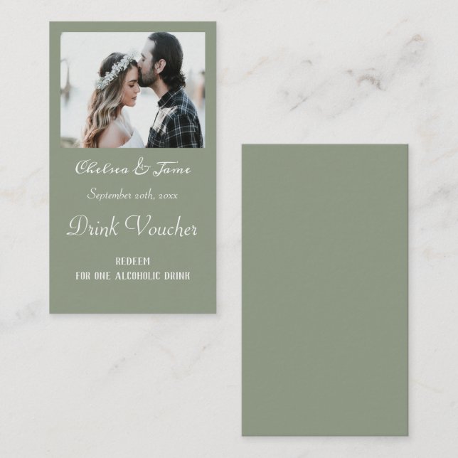 Simple Sage Green Photo Wedding Drink Ticket Cards (Anverso / Reverso)
