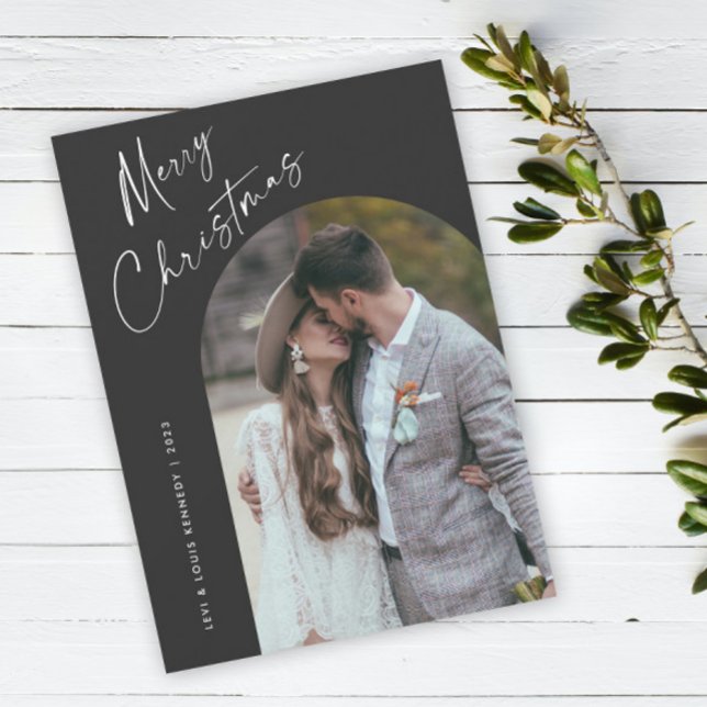 Simple Script Boho Arch Navidad (Simple script boho arch photo Christmas holiday card with modern elegant handwritten typography.)