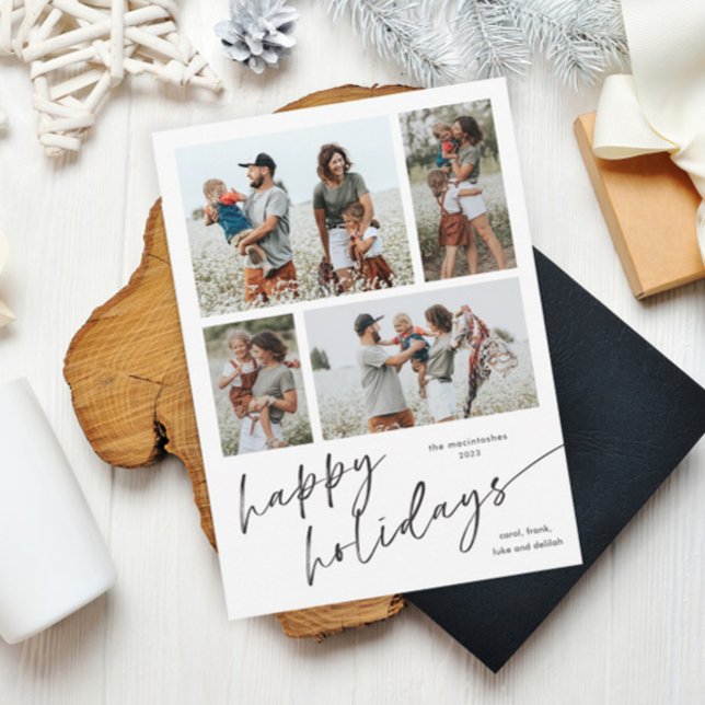 Simple Script de Colaje de Fotos Felices Fiestas I (Simple black and white script happy holidays 4 photo collage holiday magnetic card.)