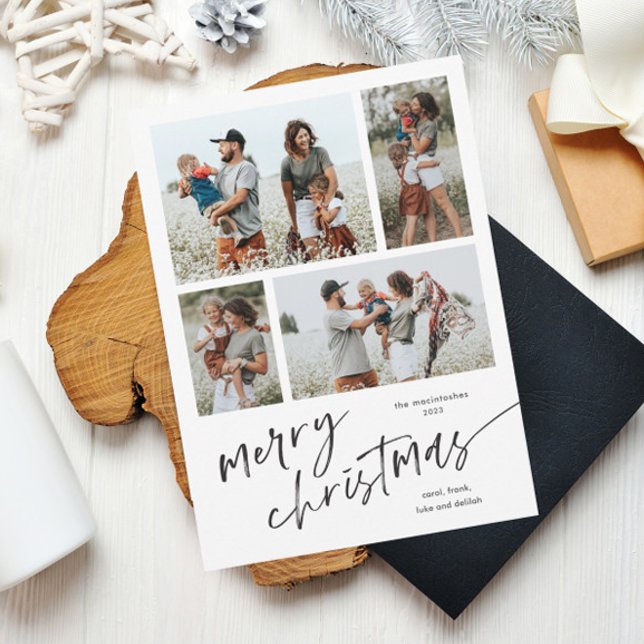 Simple Script de Colaje de Fotos Feliz Navidad Imá (Simple black and white script merry christmas 4 photo holiday magnetic card.)