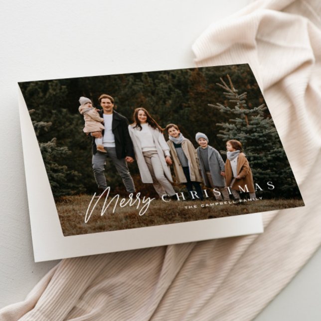 Simple Script Merry 3 Foto Navidad (Elegant Type Overlay 3 Photo Christmas Holiday Cards.)
