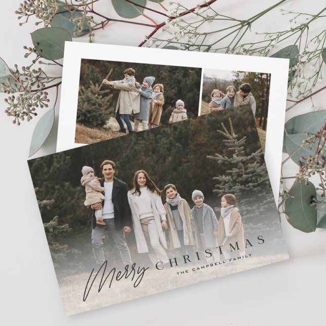Simple Script Merry 3 Foto Navidad (Modern script merry christmas typographic photo christmas holiday cards.)